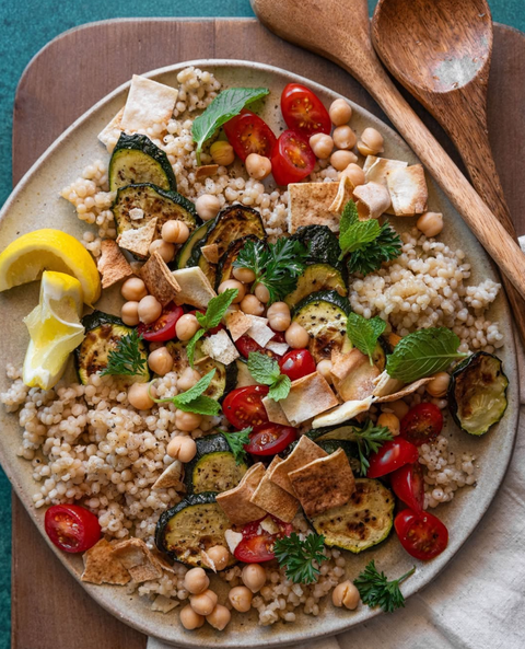 Mediterranean Pearl Cous Cous Salad with Crunchy Crisps